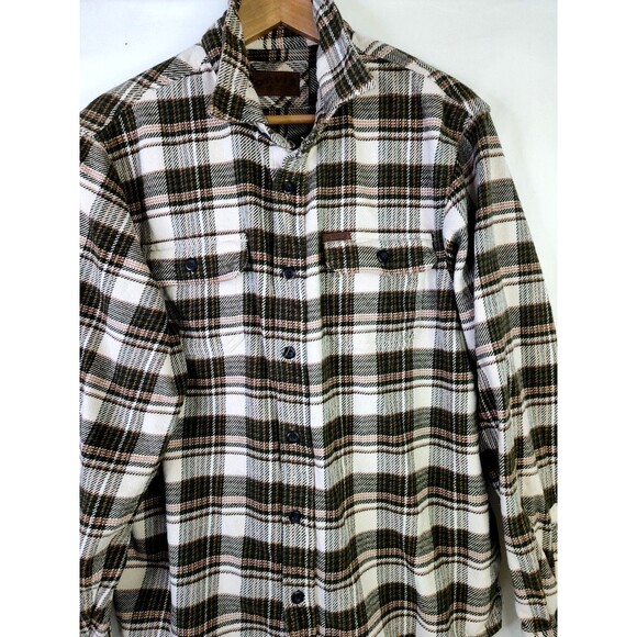 Orvis Heavy Flannel Mens Sz L Shirt Plaid Button Up Green Cream w Side Pockets - Picture 2 of 12